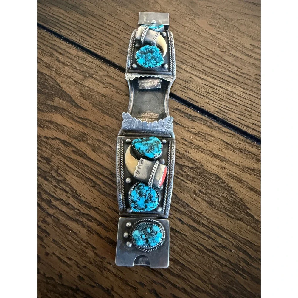 Vintage Navajo Sterling Silver Turquoise CoralClaw Watch Cuff Bracelet signed